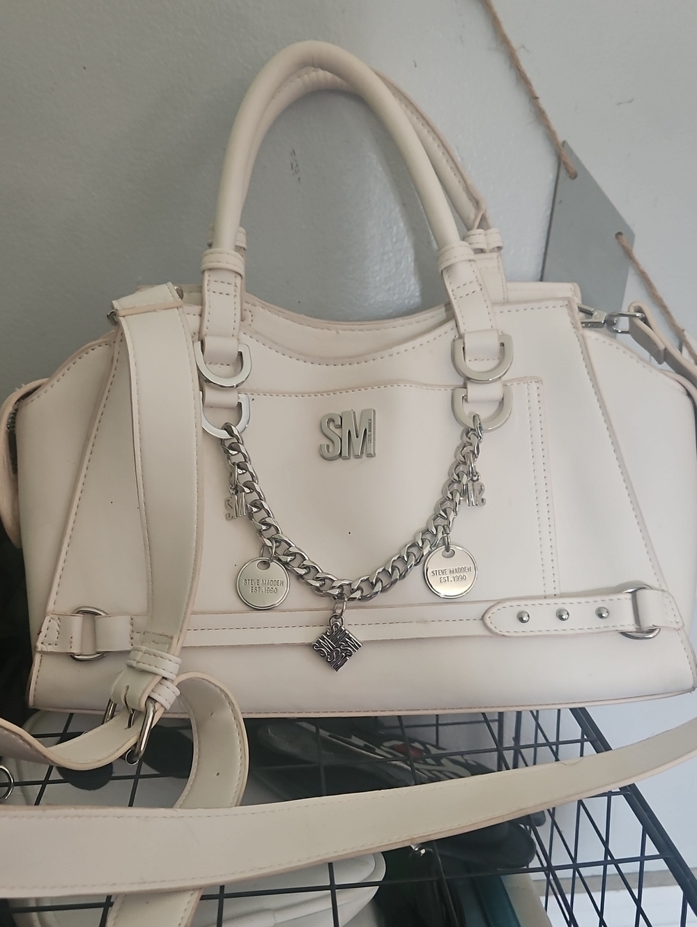 Stevr Madden Cream Leather Satchel Bag with Chain Charm